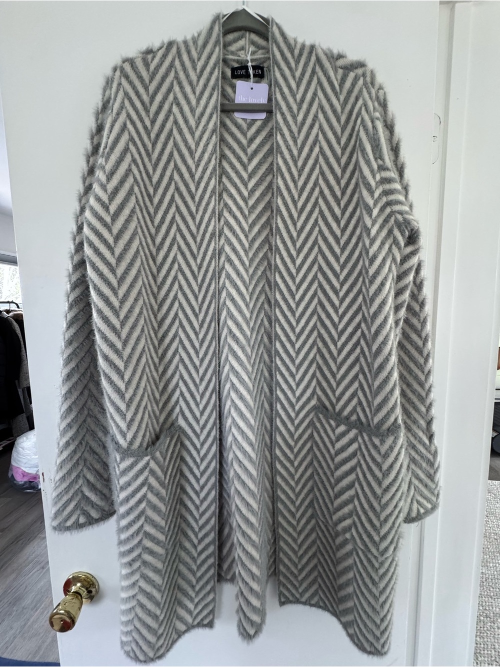 Love Token Laurell Gray Herringbone Open-Front Sweater Cardigan - M NWT $188